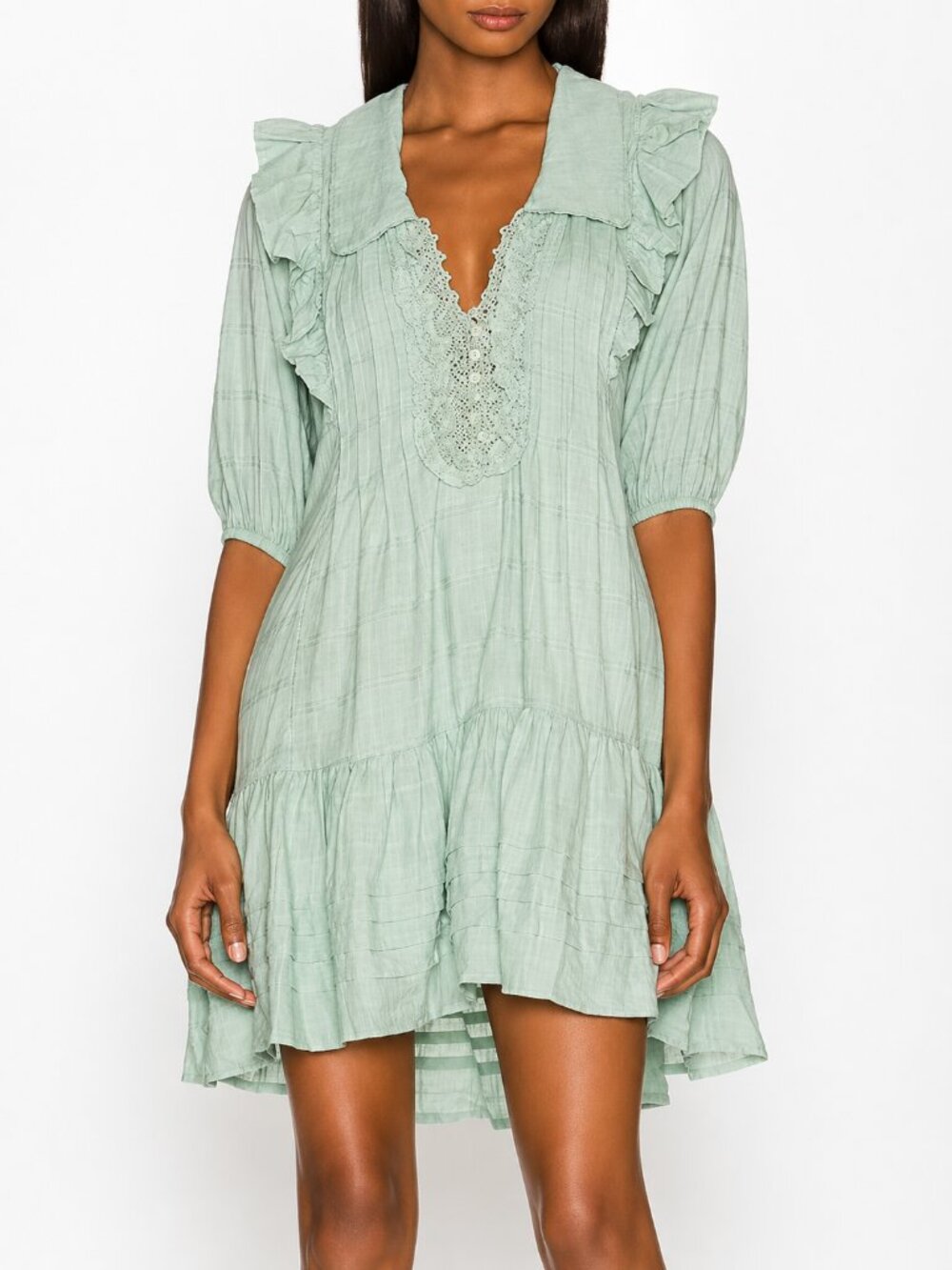 Free People Elora Mint Mini Dress Ruffle Blouson Sleeve Cotton XS NWOT